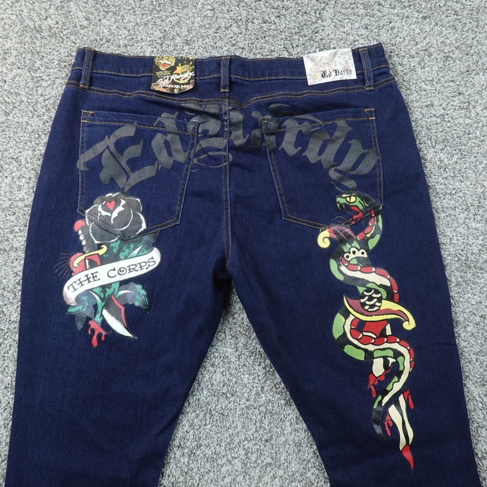 NEW Ed Hardy Jeans Mens 38X37 Blue Denim Pants Boot Flare Tattoo Snake Stretch